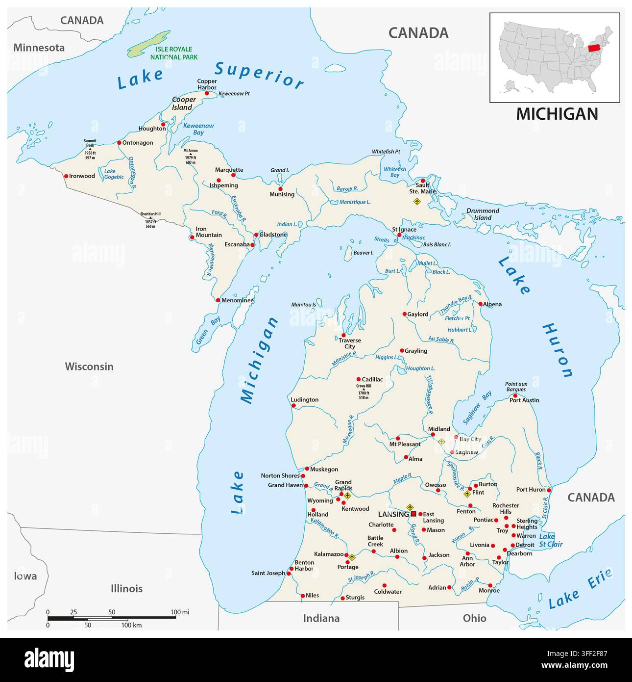 Carte de l'État américain du Michigan Banque D'Images