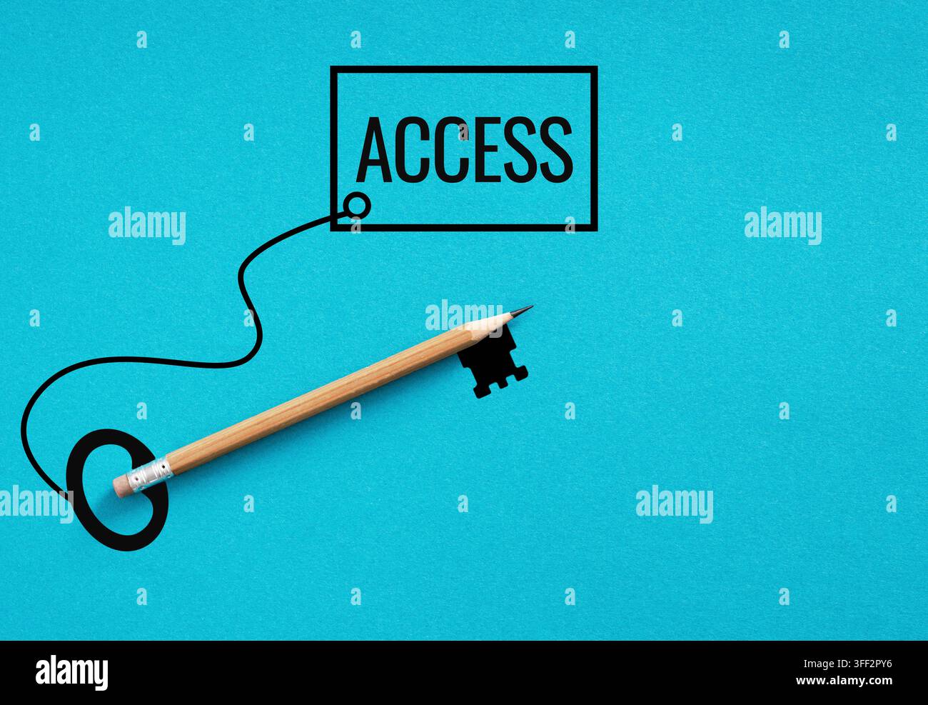 Clé crayon attachée à une étiquette d'accès sur fond bleu, concept d'octroi de permission, de vérification de sécurité et d'accessibilité numérique Banque D'Images