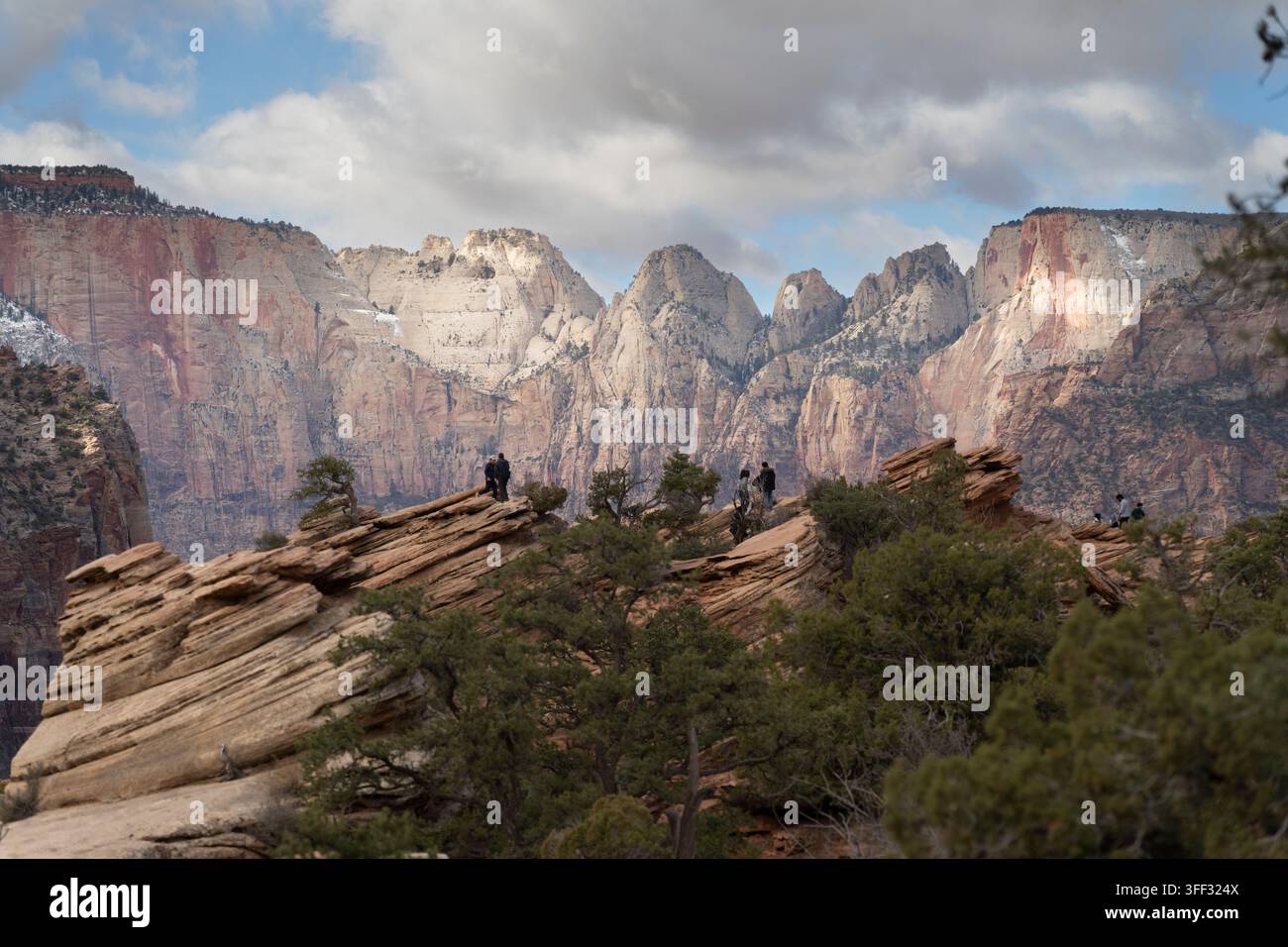 Les randonneurs font une pause sur un affleurement rocheux pour admirer les murs emblématiques du Zion Canyon dans le parc national de Zion, en Utah, profitant du paysage majestueux. Banque D'Images