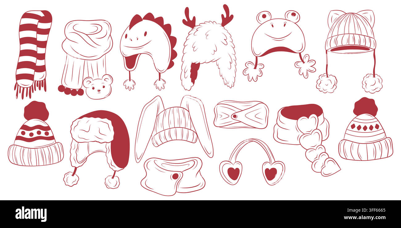 Ensemble vectoriel d'illustrations en lignes rouges de chapeaux et accessoires d'hiver Illustration de Vecteur