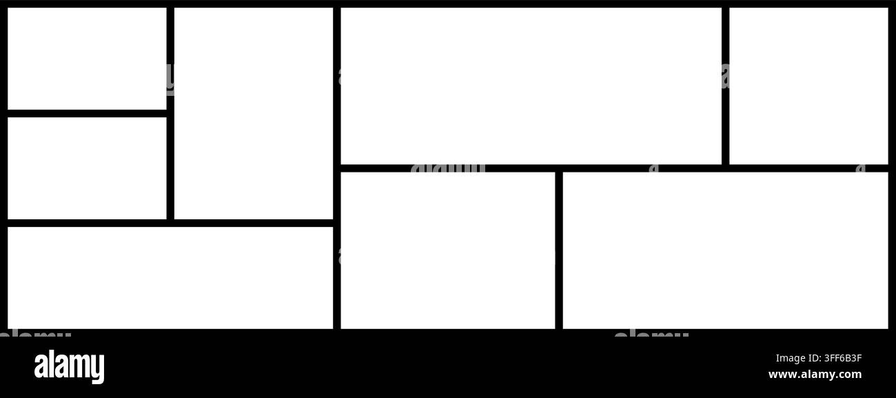 Modèle de superposition de tableau d’humeur horizontal en grille bento noire. Modèle de galerie de collage de mosaïque photo. Tableau de marque de portefeuille d’album. Fond de tableau d’humeur. Illu vectorielle Illustration de Vecteur