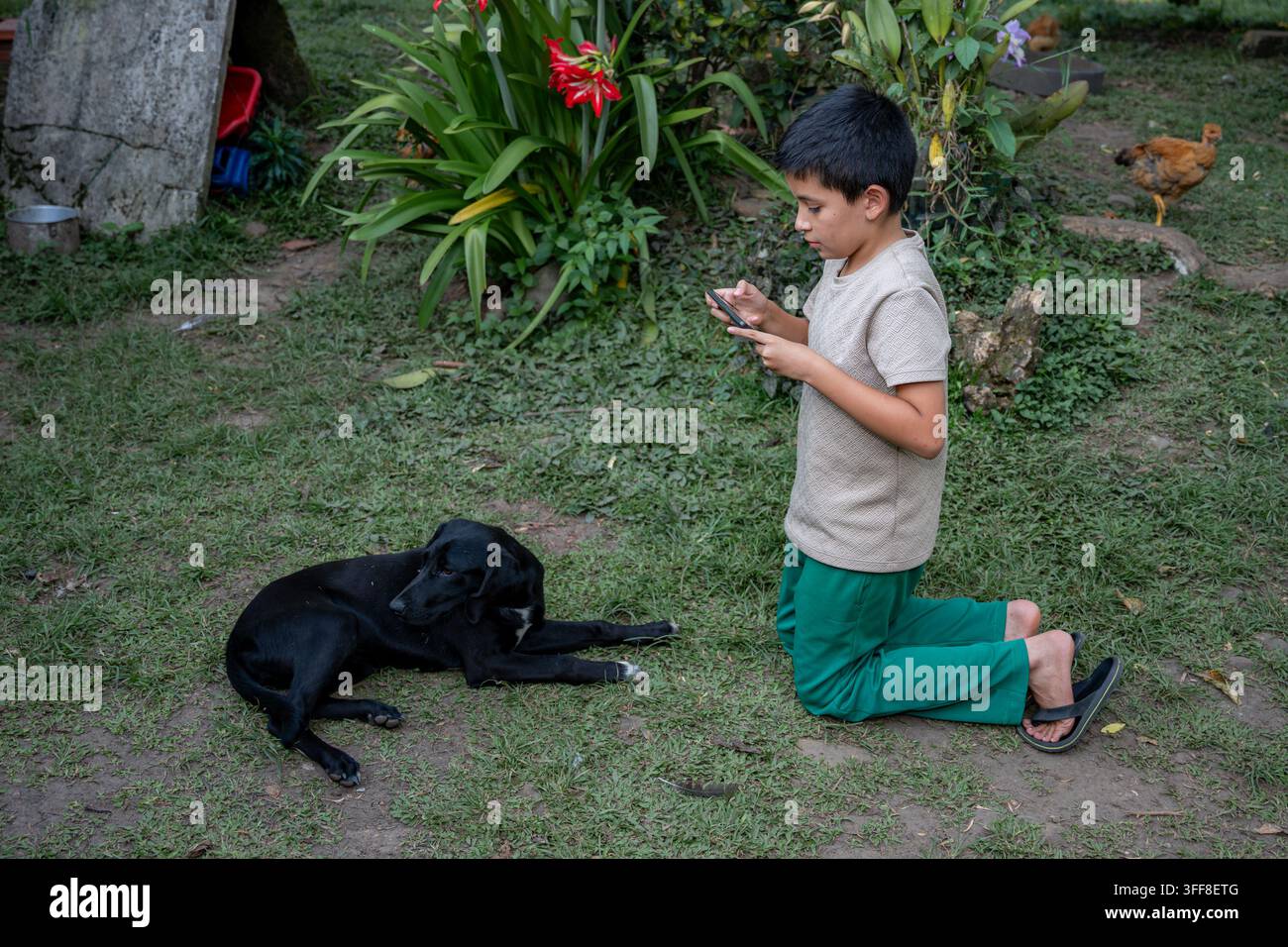 Jeune Latino capturant des moments en plein air avec un smartphone Banque D'Images