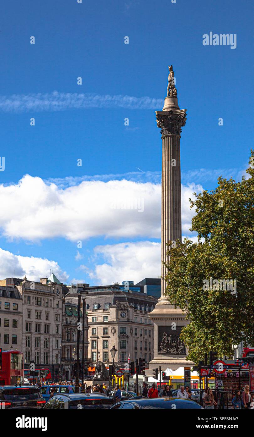 Colonne de Nelson à Trafalgar Square, Centre de Londres, Angleterre, Royaume-Uni. Banque D'Images