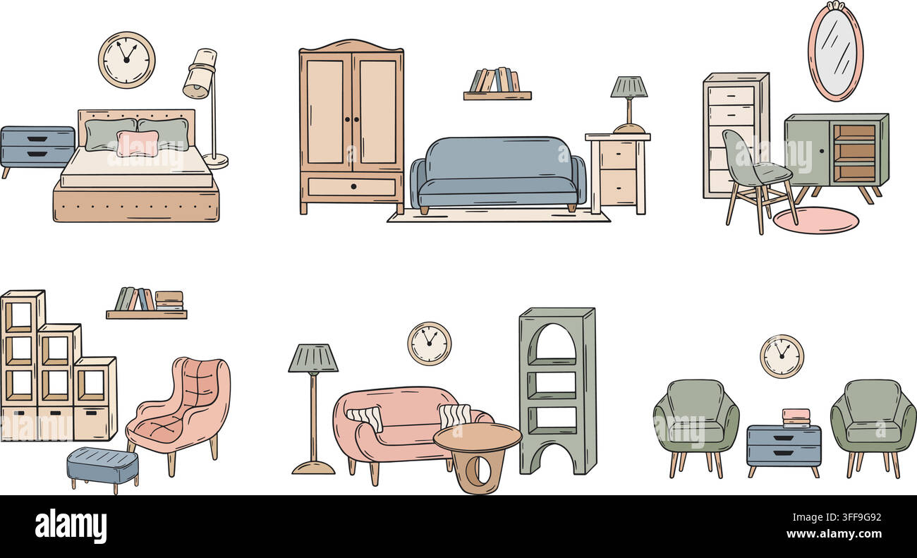 Différents intérieurs simples. Compositions intérieures de chambre, salon, zone de repos, salle d'attente au bureau, hall. Canapé, tables, banquette, fauteuil Illustration de Vecteur