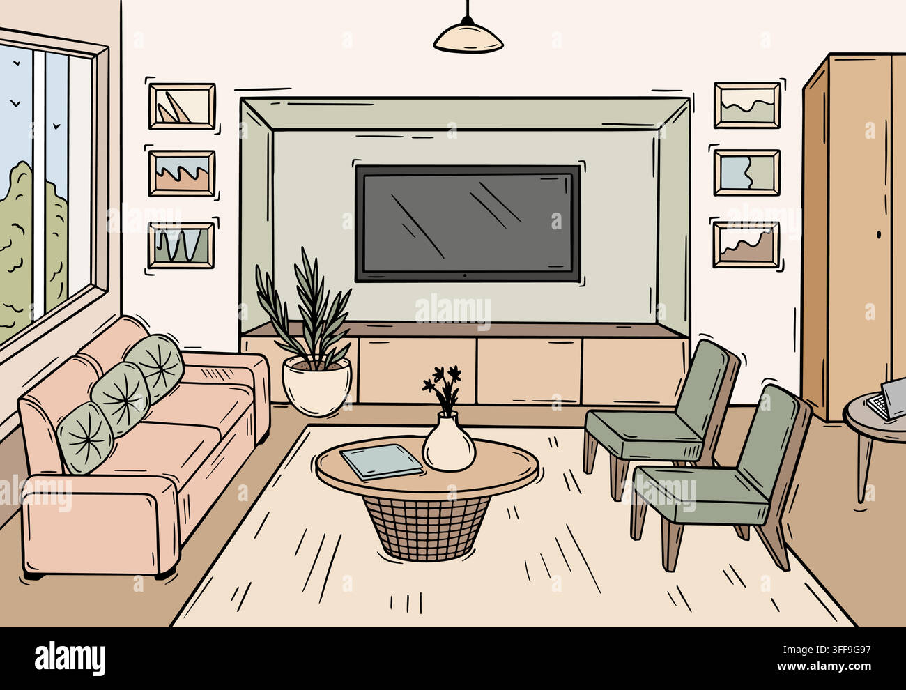 Design d'intérieur d'une pièce confortable. Salon dans une maison ou des appartements. Canapé avec coussins, chaises, télévision murale, armoire. Bureau de psychologue, zone d'attente Illustration de Vecteur