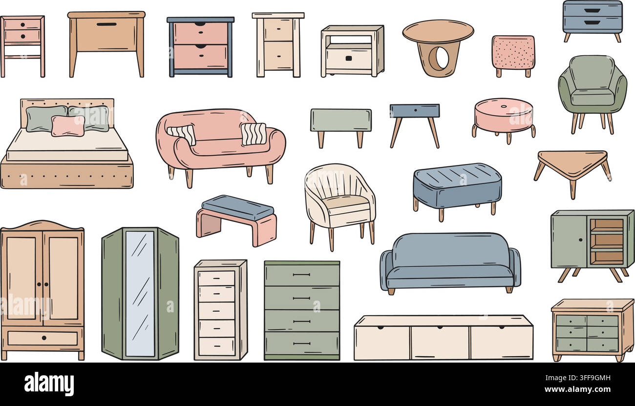 Collection de meubles. Différentes armoires, lit et canapé, fauteuil, chaise, table. Éléments d'intérieur de maison, appartements. Clipart vectoriel de conception de maison Illustration de Vecteur