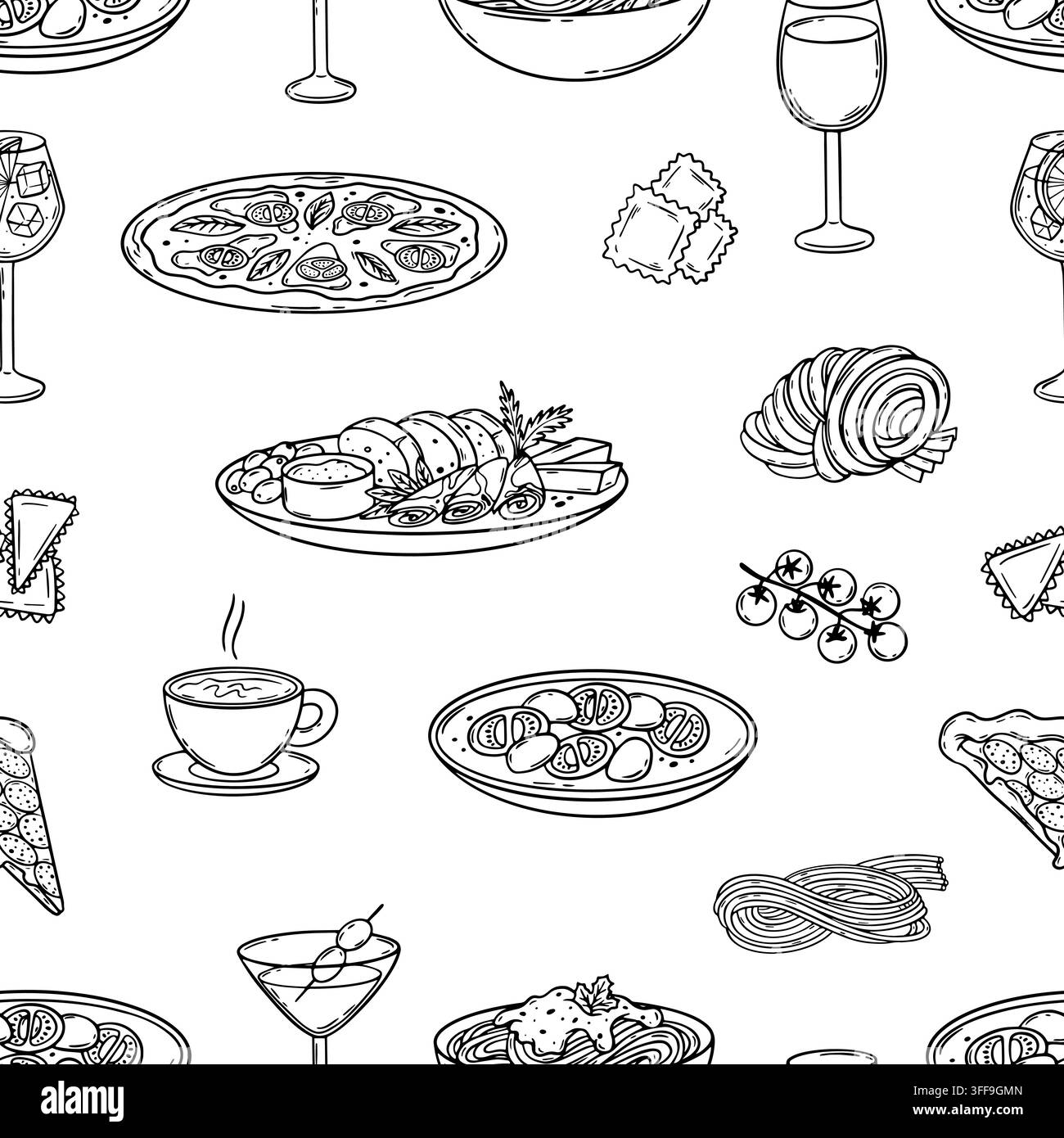 Motif sans joint de nourriture italienne. Différents boissons et repas, viande, pâtes, salade de tomates et fromage. Verre à vin, cocktails, café. Imprimé décoratif Illustration de Vecteur