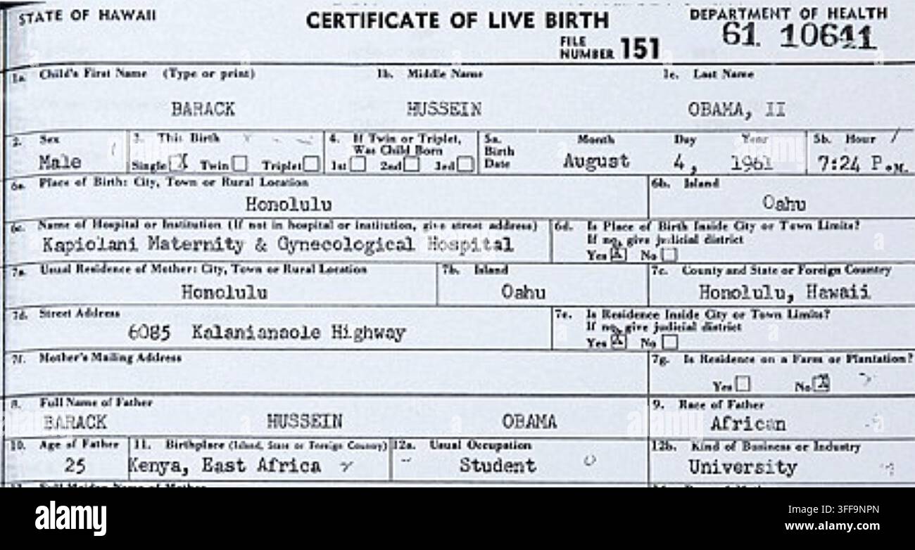 BARACK OBAMA  Certificat de naissance de 1961 de l'ancien président américain Banque D'Images