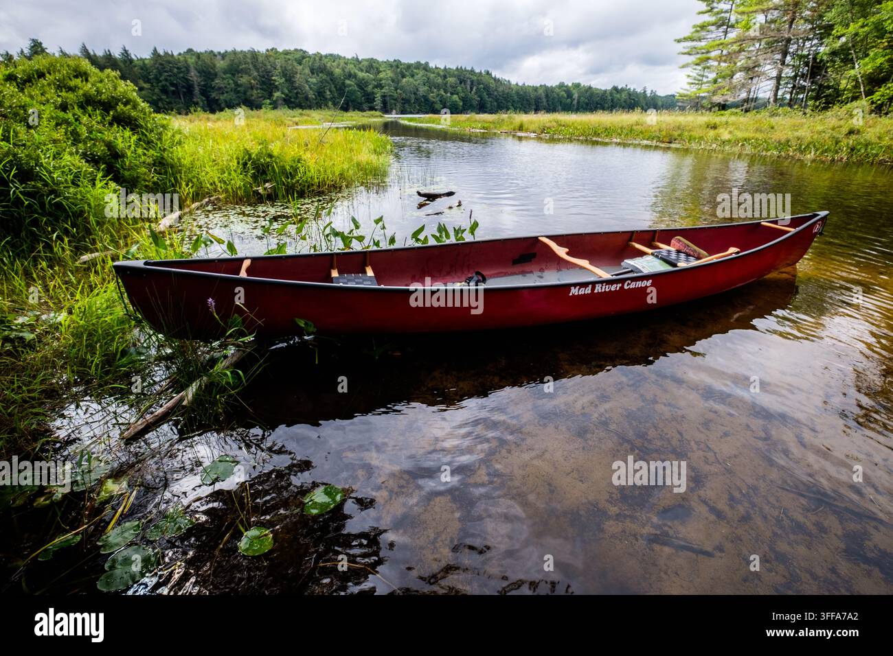 Canoë au Little Square Pond dans les monts Adirondacks de l'État de New York, États-Unis. Banque D'Images