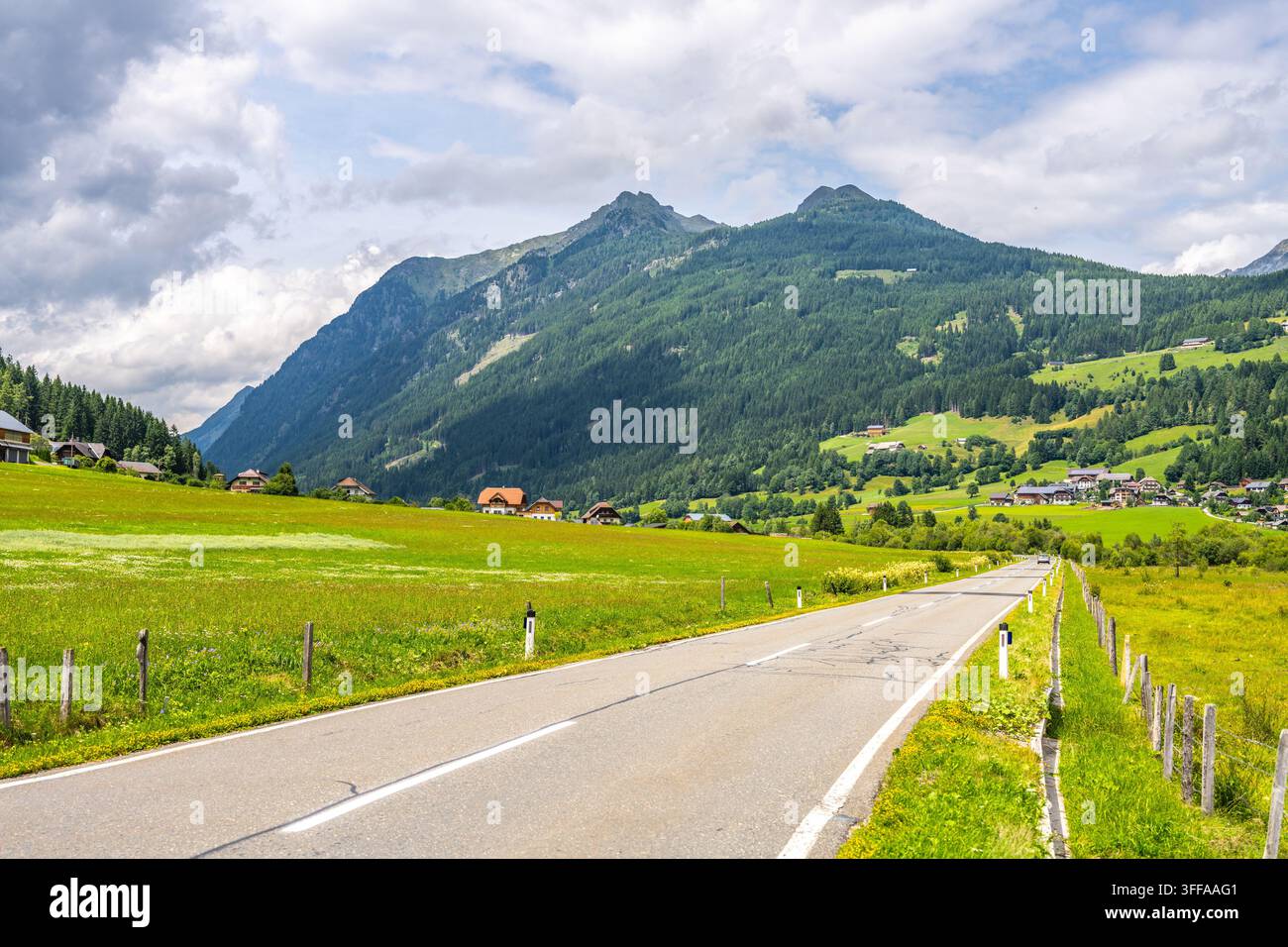 Une route alpine sinueuse s'étend à travers des champs verts avec des montagnes en arrière-plan. Des maisons parsèment le paysage sous un ciel nuageux. La région est vibrante des couleurs de la nature. Banque D'Images