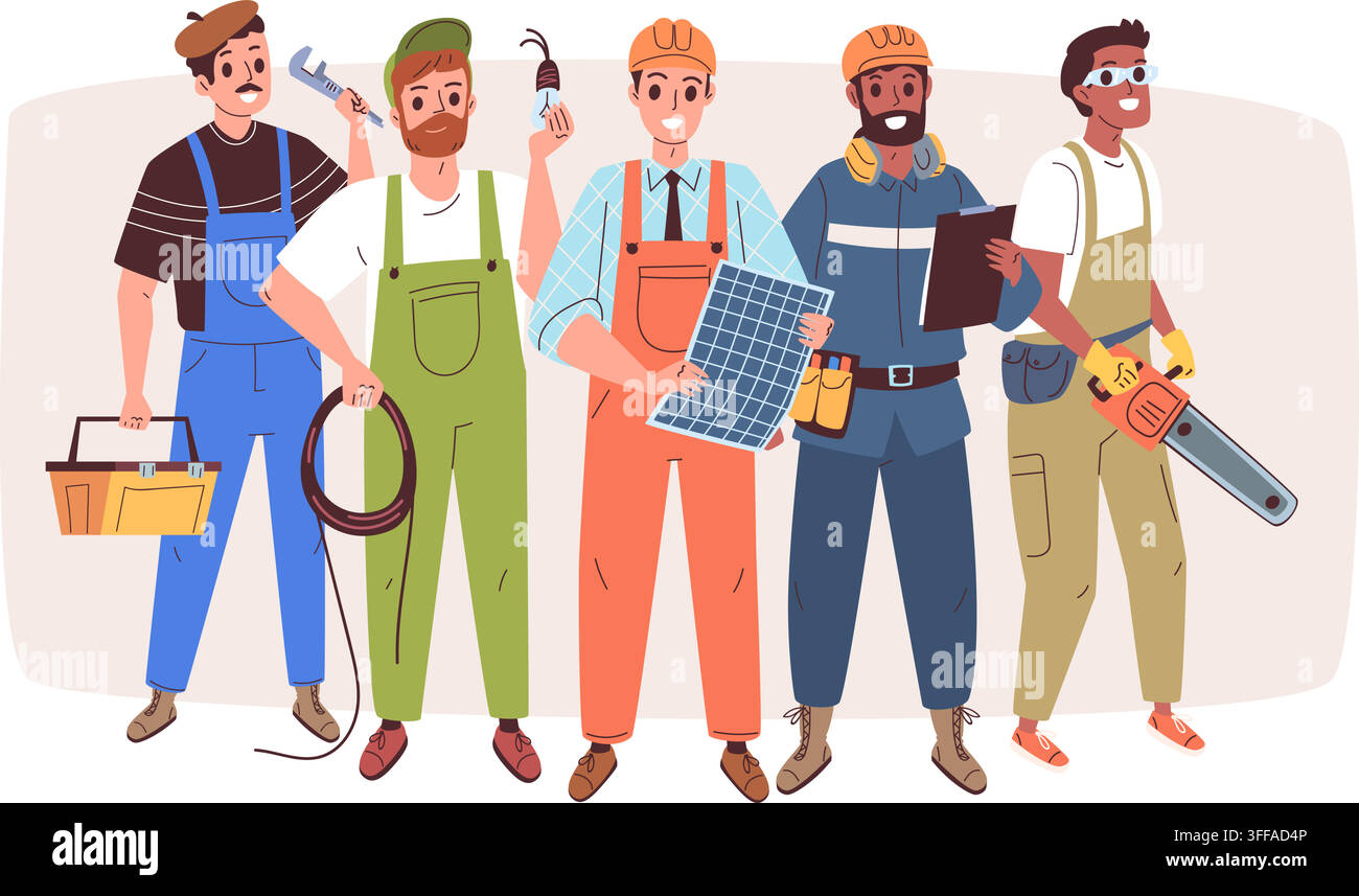 Équipe de réparation. Homme femme ouvrier, ingénieur en construction plombier électricien charpentier casque de construction outils équipement maintenance réparation travail gens emploi, illustration vectorielle élégante œuvre originale Illustration de Vecteur