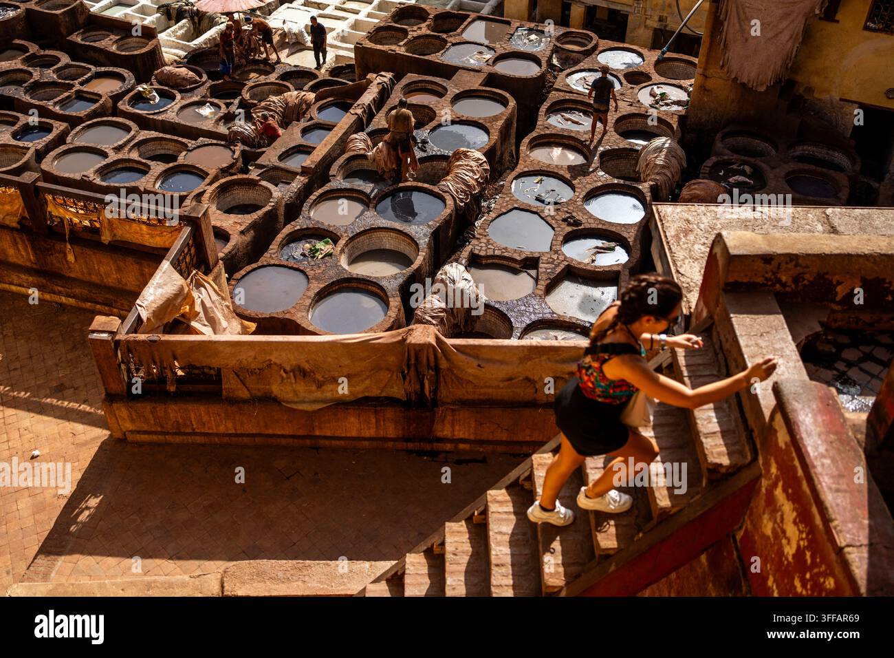 Fès, Maroc. 07 sep., 2026. Un touriste revendique un escalier en bois tandis que d'autres travaillent dans une tannerie à Fès, Maroc, le 7 septembre 2026. Le Maroc a accueilli 14,1 millions de touristes au cours des huit premiers mois de 2026, et août a dépassé les 2 millions de visiteurs pour la première fois, selon le ministère du Tourisme. (Photo de Moe Zoyari/Sipa USA) Credit : Sipa USA/Alamy Live News Banque D'Images