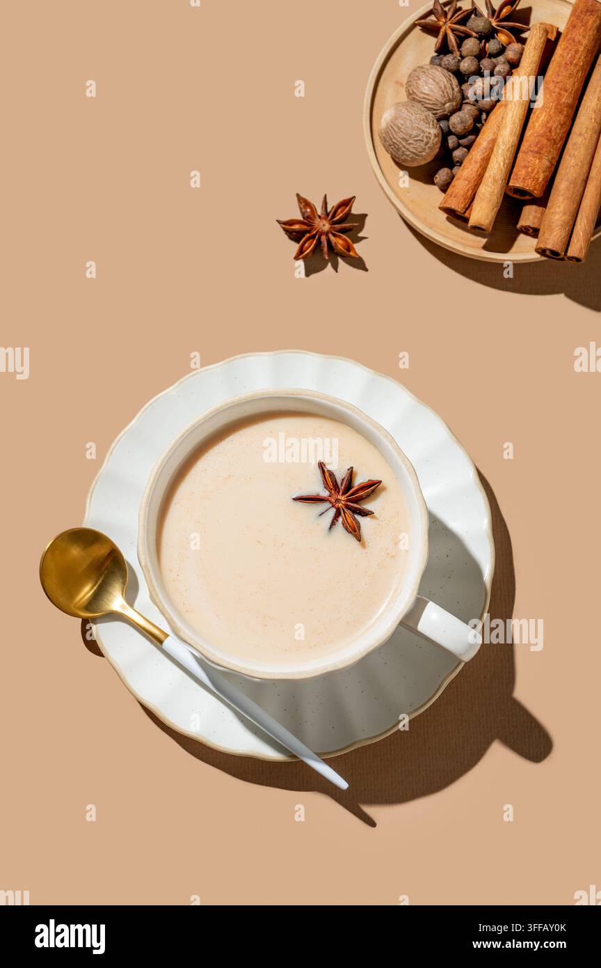 Thé masala chai indien traditionnel avec du lait et des épices dans une tasse sur un fond beige avec du cannelle, de l'anis et des ombres. Un concept de boisson chaude confortable pour Banque D'Images
