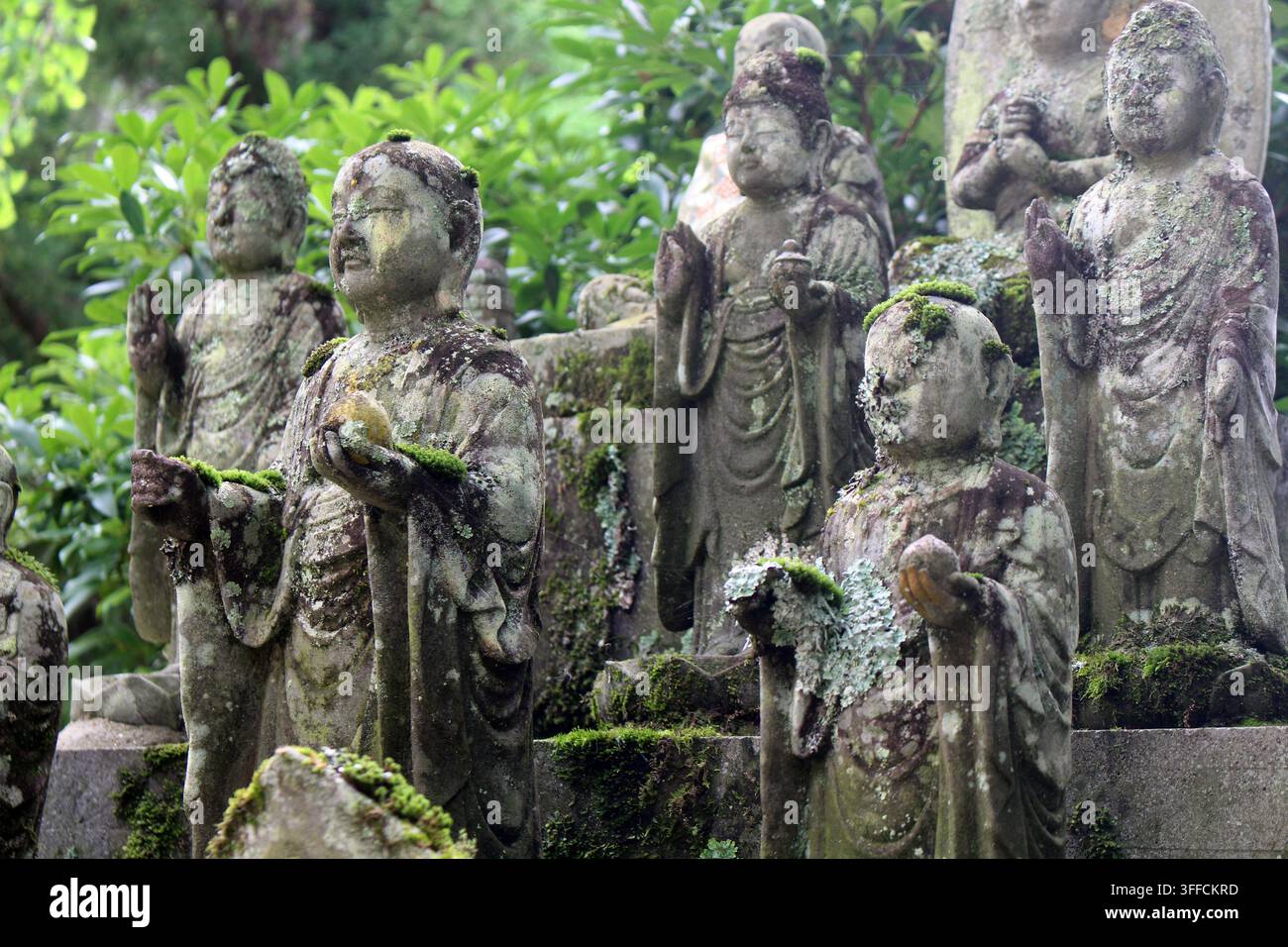 Statues bouddhistes au temple d'Okuboji, le quatre-vingt-huitième et dernier arrêt du pèlerinage Shikoku Henro à Sanuki, Kagawa, Japon en juillet 2026. Banque D'Images