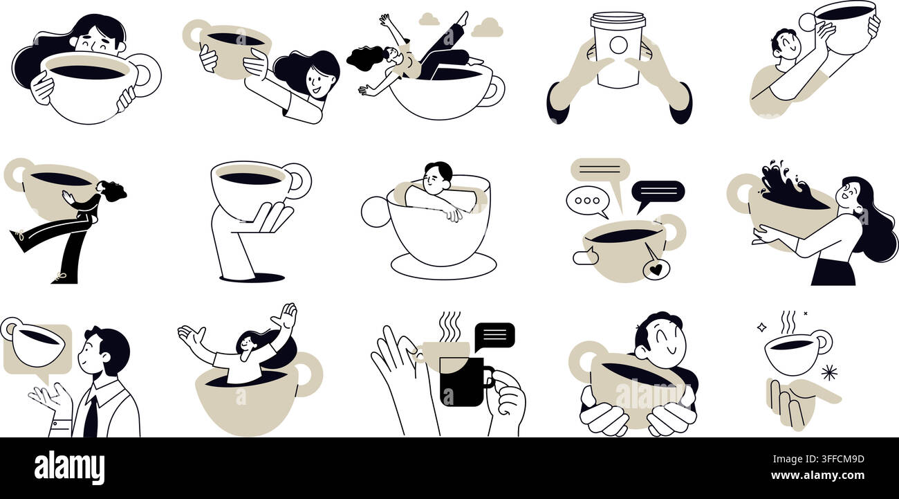 Ensemble d'icônes concept vectorielles pour les amateurs de café mettant en avant des tasses de café géantes, des personnes se relaxant dans des tasses à thé, des gobelets en carton à emporter et de l'art matinal à la caféine. Illustration de Vecteur