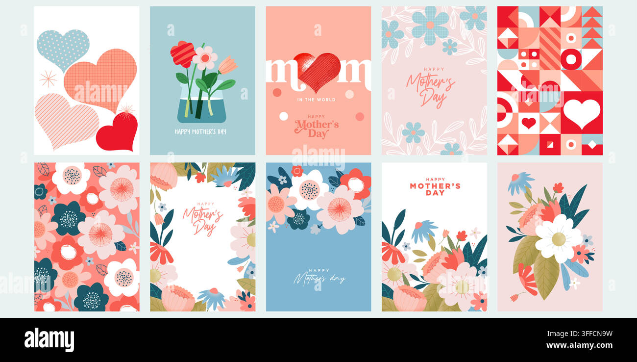 Collection de cartes de vœux de Joyeuse Fête des Mères mettant en vedette des motifs floraux, des cœurs géométriques, des bouquets de fleurs et des affiches pastel en conception vectorielle. Illustration de Vecteur