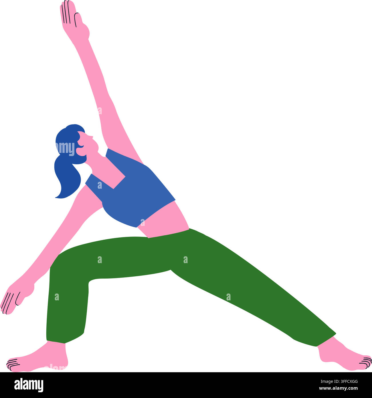 Illustration plate colorée d'une femme pratiquant une pose de yoga en angle latéral étendu avec un grand pas et les bras largement étirés. Fitness moderne, souplesse Illustration de Vecteur