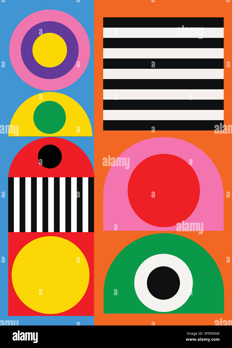 Art abstraite moderne présentant des formes géométriques comprenant des cercles, des demi-cercles et des rayures dans des couleurs vives comme le rouge, le jaune, le rose, le vert, le bleu et Illustration de Vecteur