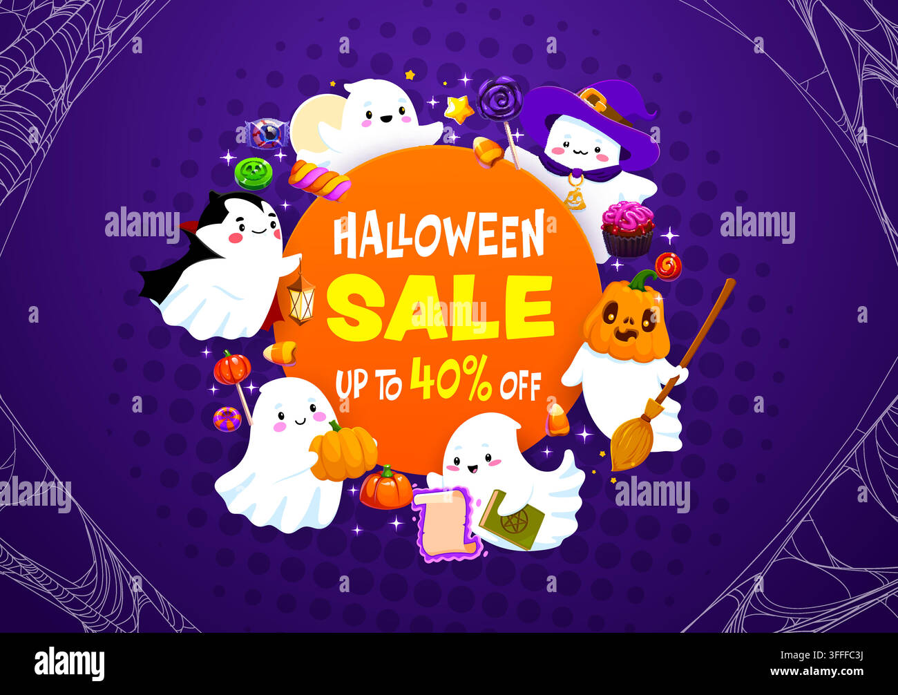 Bannière de promotion Halloween avec bordure en toile d'araignée et cercle central orange, mettant en vedette des fantômes mignons kawaii. Personnages vectoriels avec citrouille, livre, balai, bougie Illustration de Vecteur