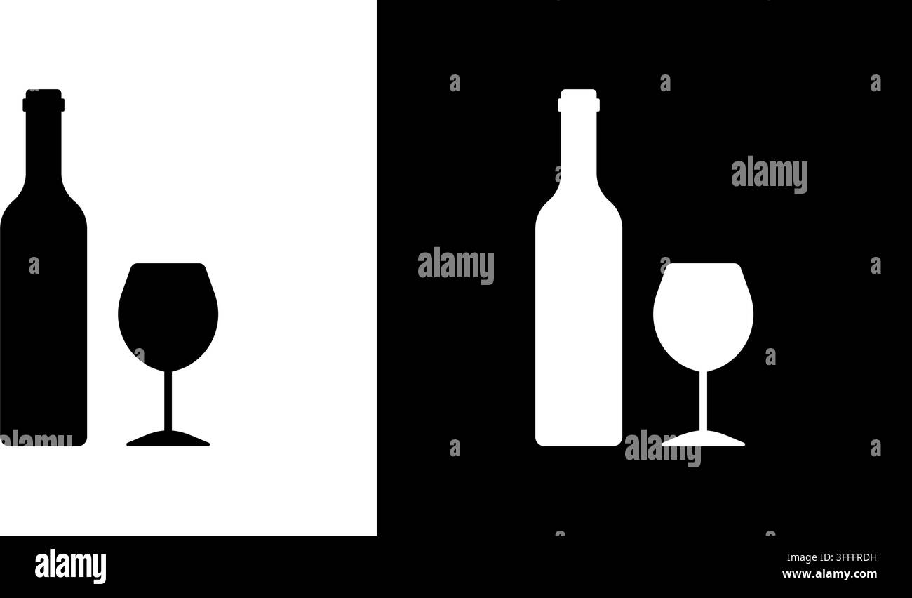Ensemble d'icônes solides Bouteille de vin et Verre. Boissons, Consommation d'alcool et Dégustation de vin Collection de symboles en silhouette. Thème Hôtellerie et Restauration. Isolé Illustration de Vecteur