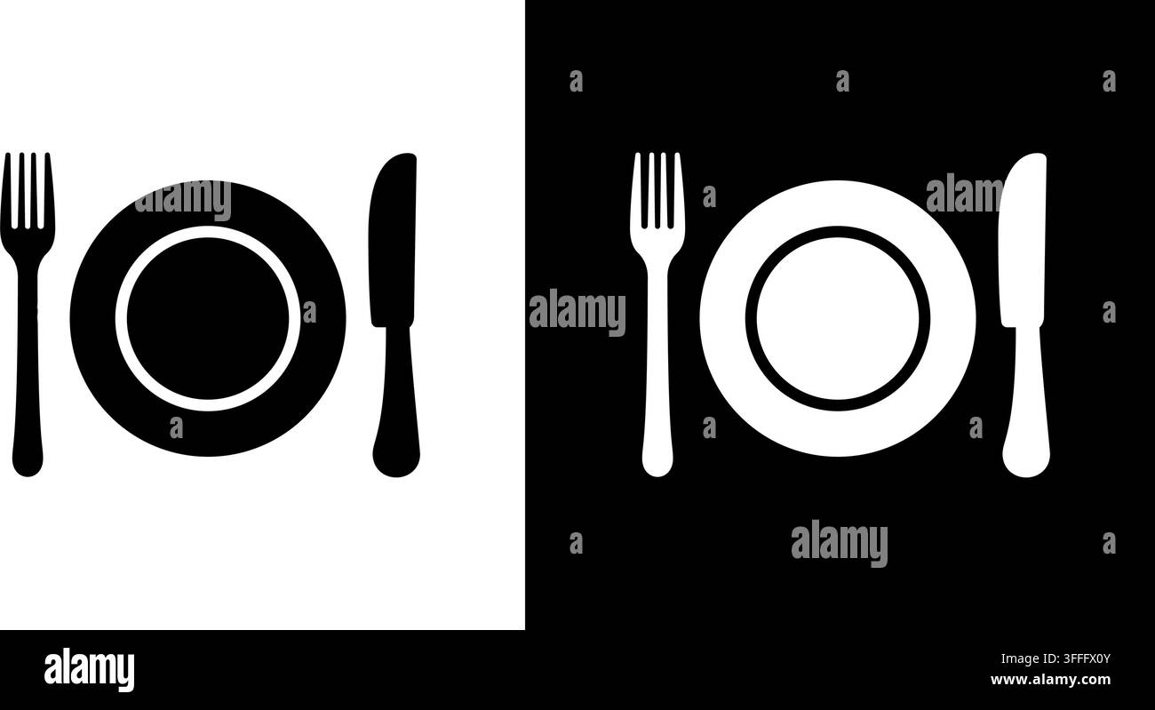 Ensemble d'icônes solides pour ustensiles de table et assiette. Couverture de table, préparation des repas et étiquette culinaire collection de symboles en silhouette. Restaurant Et Illustration de Vecteur