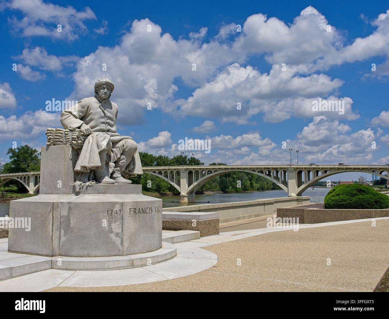 Statue de Francis Vigo, pont du Lincoln Memorial sur la rivière Wabash sur le terrain du parc historique national George Rogers Clark – Vincennes, Indiana, mai 2025 Banque D'Images