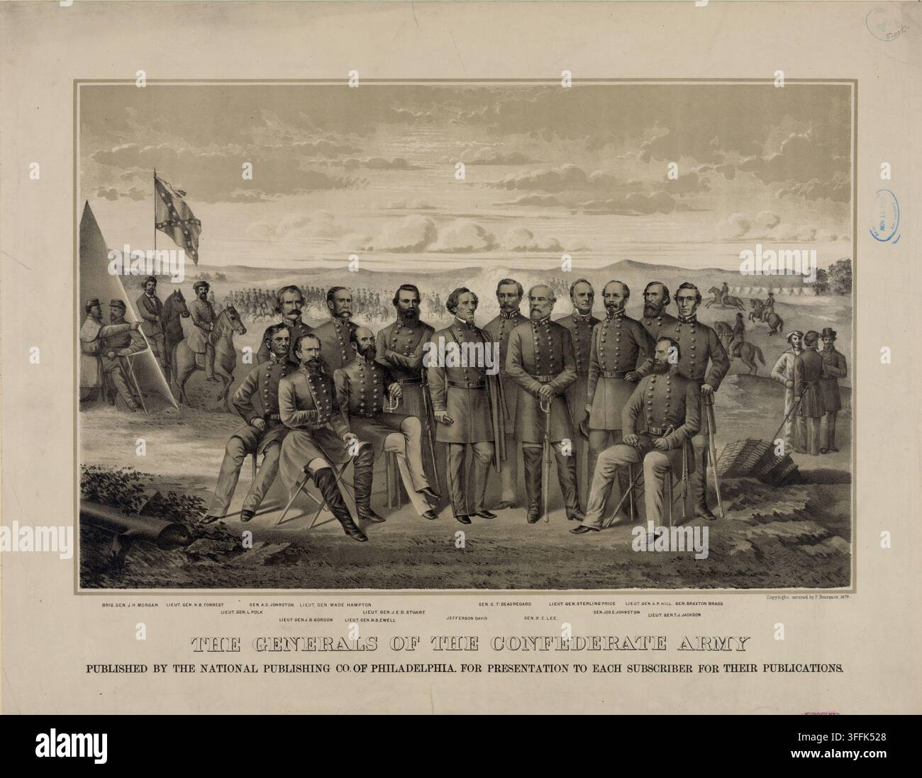 Lithographie commémorative intitulée "Les Généraux de l'Armée Confédérée", publiée par la National Publishing Company of Philadelphia (vers 1875). Le portrait de groupe composite représente le président confédéré Jefferson Davis debout en civil au centre, entouré des commandants clés de l'Armée des États Confédérés en uniforme complet – y compris Robert E. Lee, P. G. T. Beauregard, Thomas "Stonewall" Jackson, J. E. B. Stuart, Joseph E. Johnston, Braxton Bragg, A. P. Hill, Wade Hampton, Sterling Price, Nathan Bedford Forrest et John Hunt Morgan. Un camp militaire avec des tentes, de la cavalerie, de l'artillerie Banque D'Images