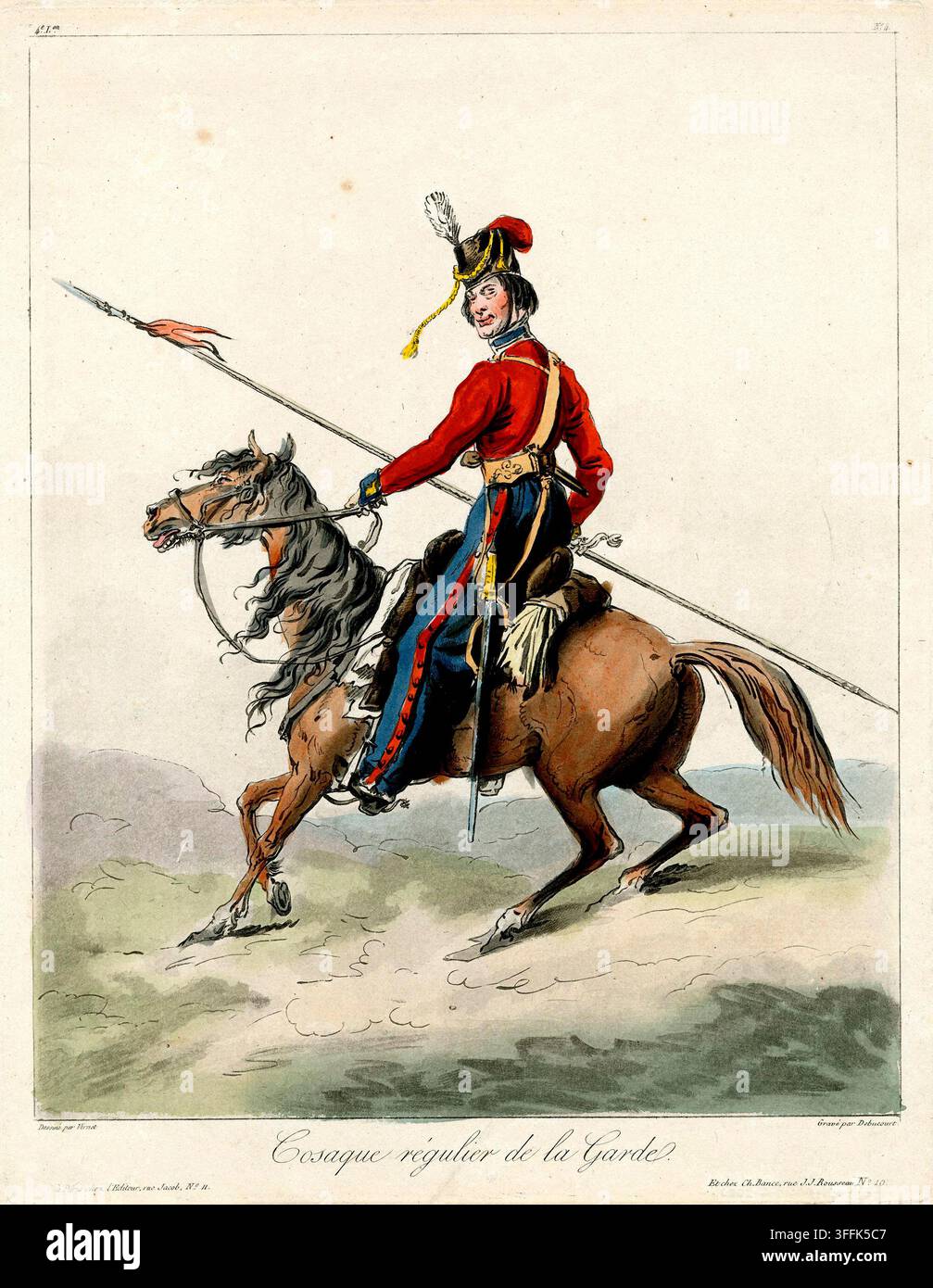 Un cosaque, avec un chapeau, une veste rouge et un pantalon bleu, montant un cheval brun, se dirigeant vers la gauche et souriant au spectateur ; troisième état, avec numéro de plaque. Aquatinte colorée à la main en 1815 Banque D'Images