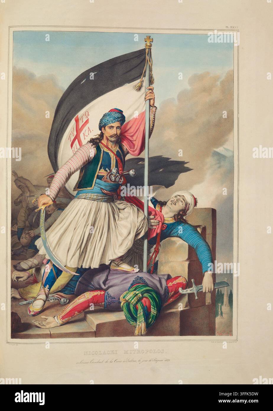 Cette lithographie dramatique et héroïque colorée à la main, intitulée "Nicolaki Mitropolos, levant l'étendard de la Croix à Selémé, lors de la Fête de l'Assomption, 1821", tirée du livre de Louis Dupré de 1825. Elle commémore un moment décisif de la guerre d'indépendance grecque. Nicolaki Mitropolos (également orthographié Nikolakos Mitropoulos) était une figure révolutionnaire grecque associée aux premiers stades de la guerre d'indépendance grecque (1821–1829), un conflit qui a conduit à l'établissement d'un État grec indépendant après des siècles de domination ottomane. Bien qu'il ne soit pas parmi les leaders les plus célèbres comme Kolokotronis ou Boubou Banque D'Images