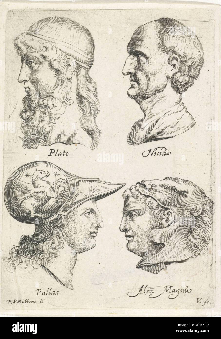 Quatre bustes antiques de profil : en haut à gauche Platon ; en haut à droite Nicias ; en bas à gauche Minerve et en bas à droite Alexandre le Grand. Gravure de la série « Varie Figueri de Agati Antique » d’après Peter Paul Rubens ; sur un total de neuf gravures ; cinq d’entre elles ont probablement été réalisées par Lucas Vorsterman I et quatre par Paulus Pontius. 1634-1640 Banque D'Images
