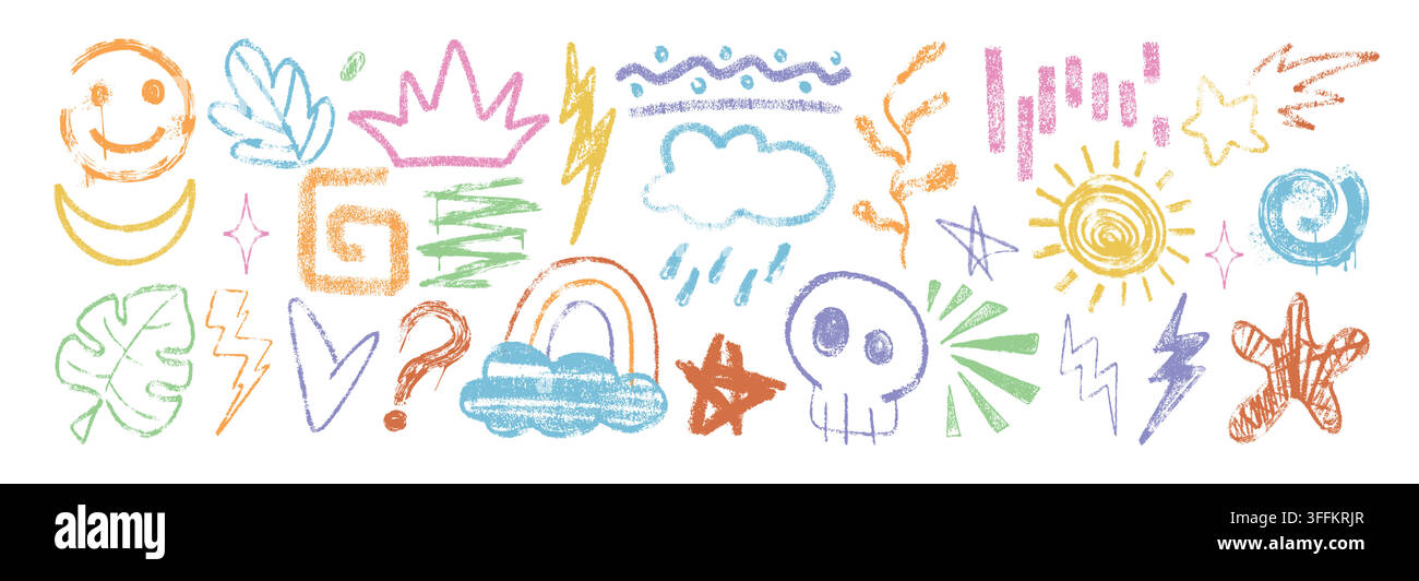 Éléments de gribouillis colorés au crayon dessinés à la main, formes de lignes, gribouillis. Ensemble d'icônes mignonnes d'été pour bébé avec texture de crayon à craie. Feuilles au charbon libres, arc-en-ciel, étoiles, gribouillis enfantins de style croquis Illustration de Vecteur