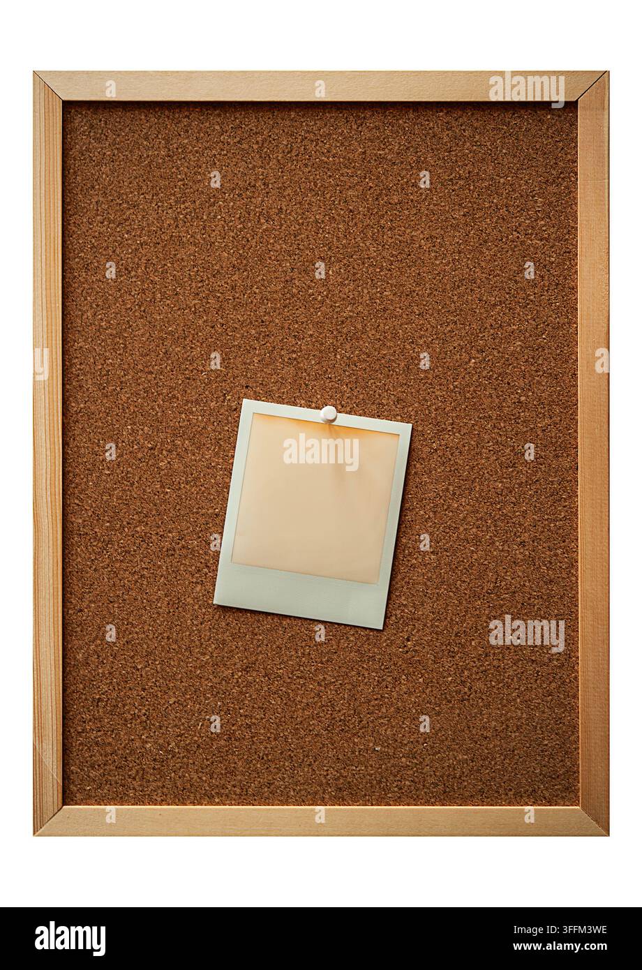 Photographie instantanée vierge épinglée à un tableau d'affichage en liège dans un cadre en bois simple, avec un espace de copie généreux pour les souvenirs, les notes ou les concepts créatifs Banque D'Images
