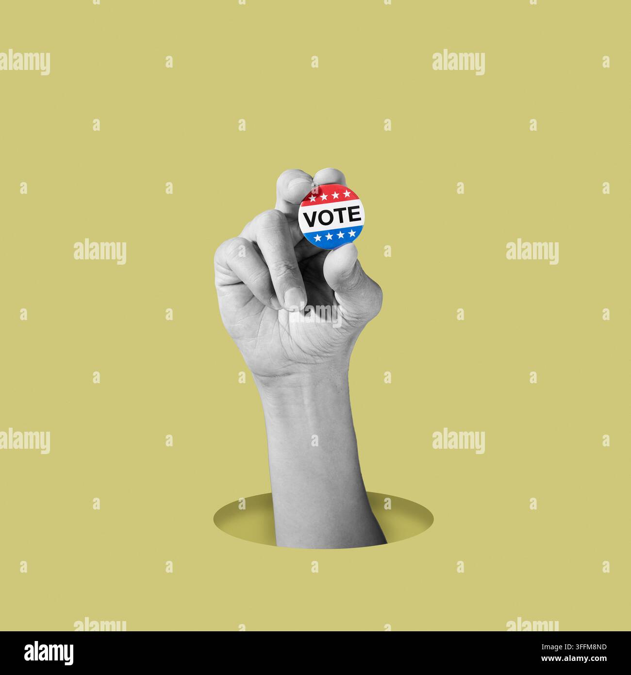 une composition graphique montre le bras noir et blanc d'un homme émergeant à travers une ouverture circulaire, avec sa main tenant un badge de vote coloré contre Banque D'Images
