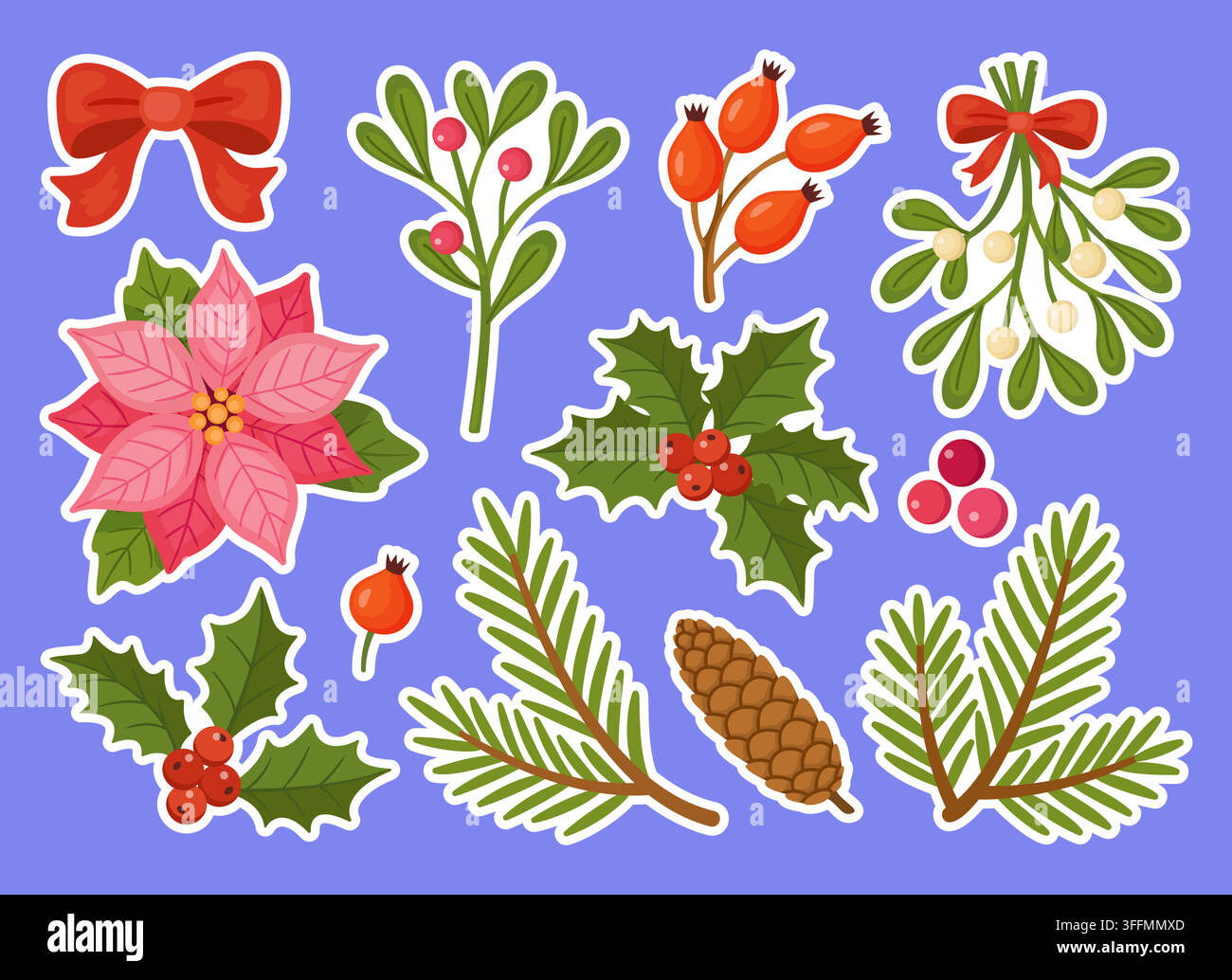 Magnifique pack d'autocollants vectoriels floraux de Noël dessinés à la main. Magnifiques étiquettes de style plat roses avec poinsettias, gui, houx et cônes de pin avec trait blanc Illustration de Vecteur