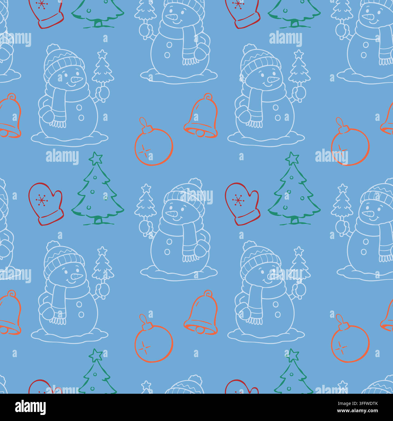 Motif de Noël sans couture avec des bonhommes de neige joyeux, des sapins de Noël, des cloches, des gants et des boules de Noël dans un art linéaire coloré sur un fond bleu clair. Illustration de Vecteur