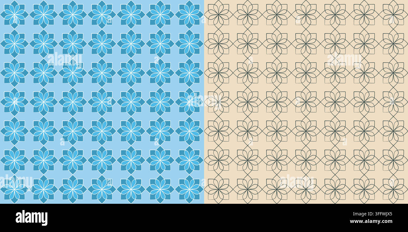 Ensemble de 2 motifs géométriques floraux sans couture. Conception de carrelage classique avec symbole floral, grille d’emblème en trait de pinceau croqué, motif mandala simple. Tons bleus ou Illustration de Vecteur