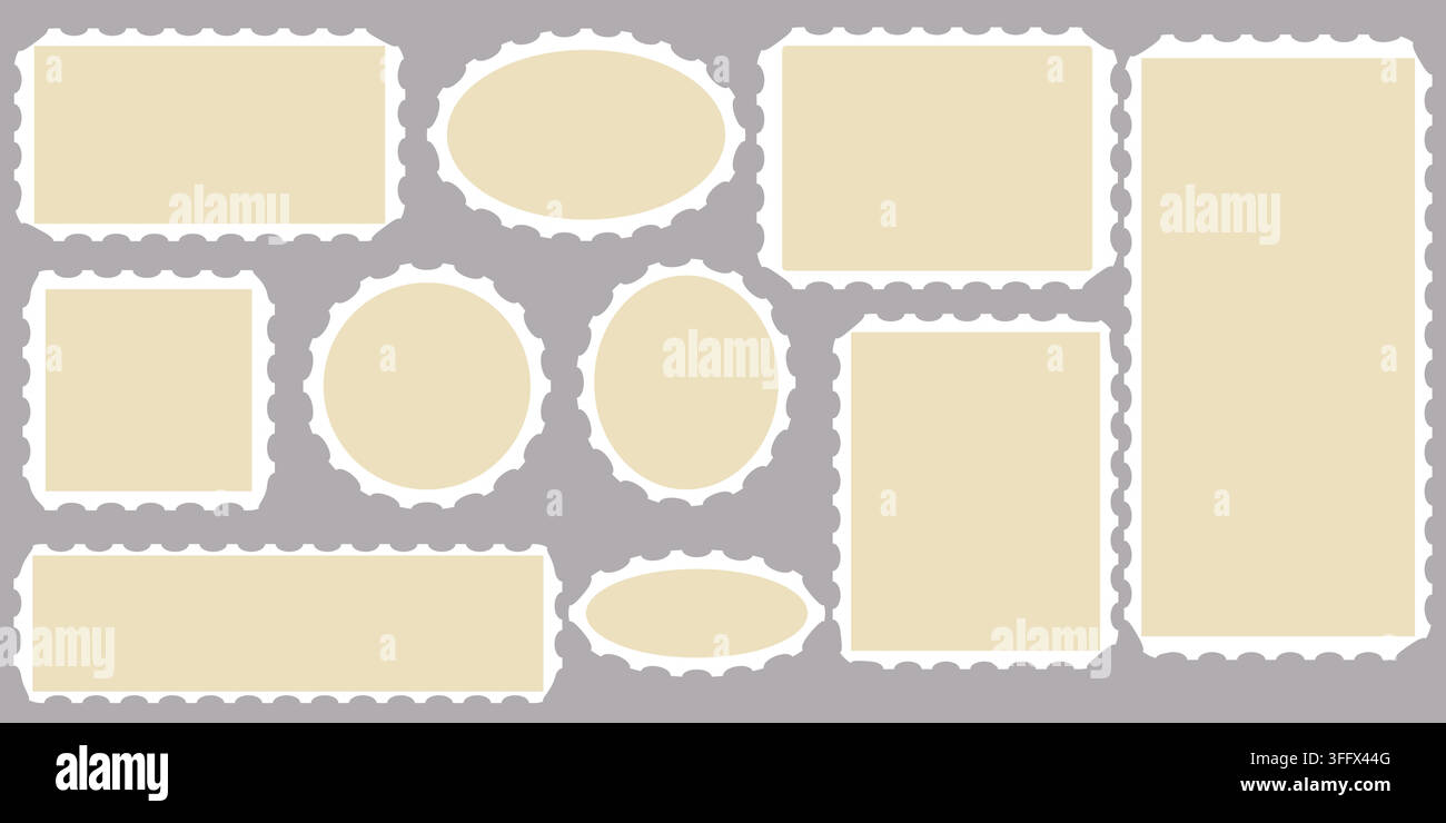 Ensemble de cadres de timbres-poste aux bords ondulés de formes rectangulaires et circulaires variées Forme de cadre de timbre-poste, Modèle de timbre-poste propre. Extensible Illustration de Vecteur