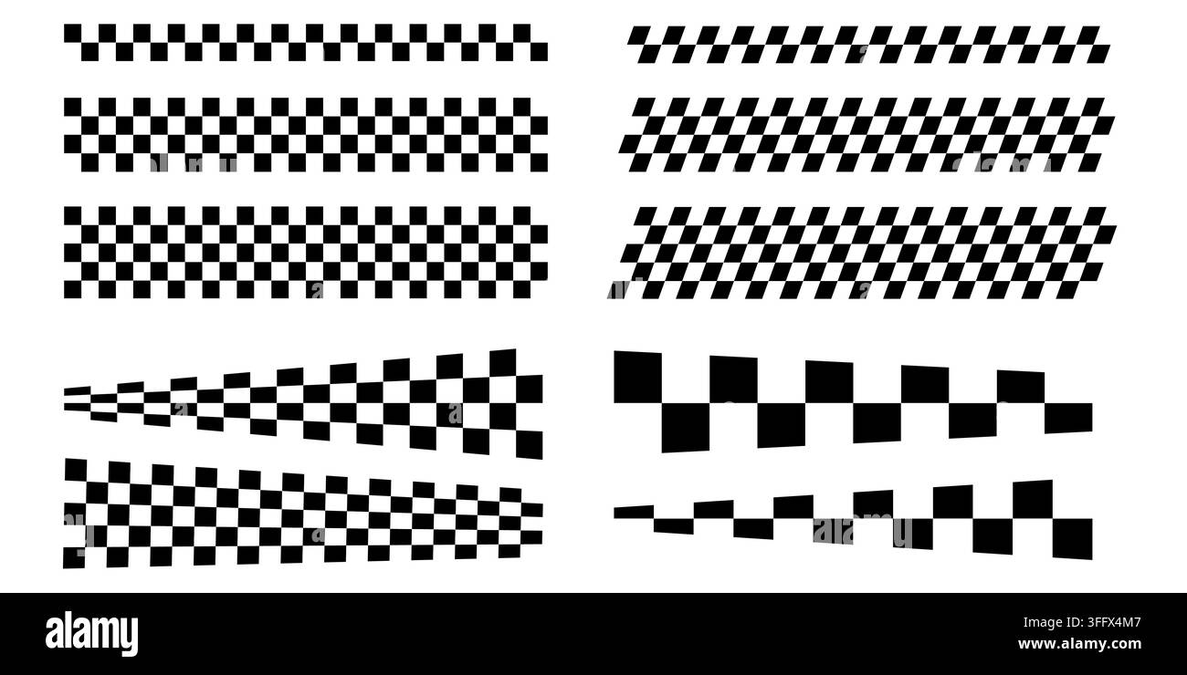 Ensemble de cadres à lignes de drapeaux de course. Ruban à finition à damier noir et blanc. Motif de grille de course automobile. Texture de bordure de rallye. Lignes à damier. Conception graphique d'échecs Illustration de Vecteur