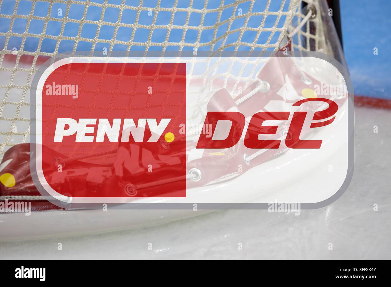 (Photomontage) DEL (Ligue allemande de hockey sur glace) Image illustrative : Le logo DEL devant un but de hockey sur glace Banque D'Images