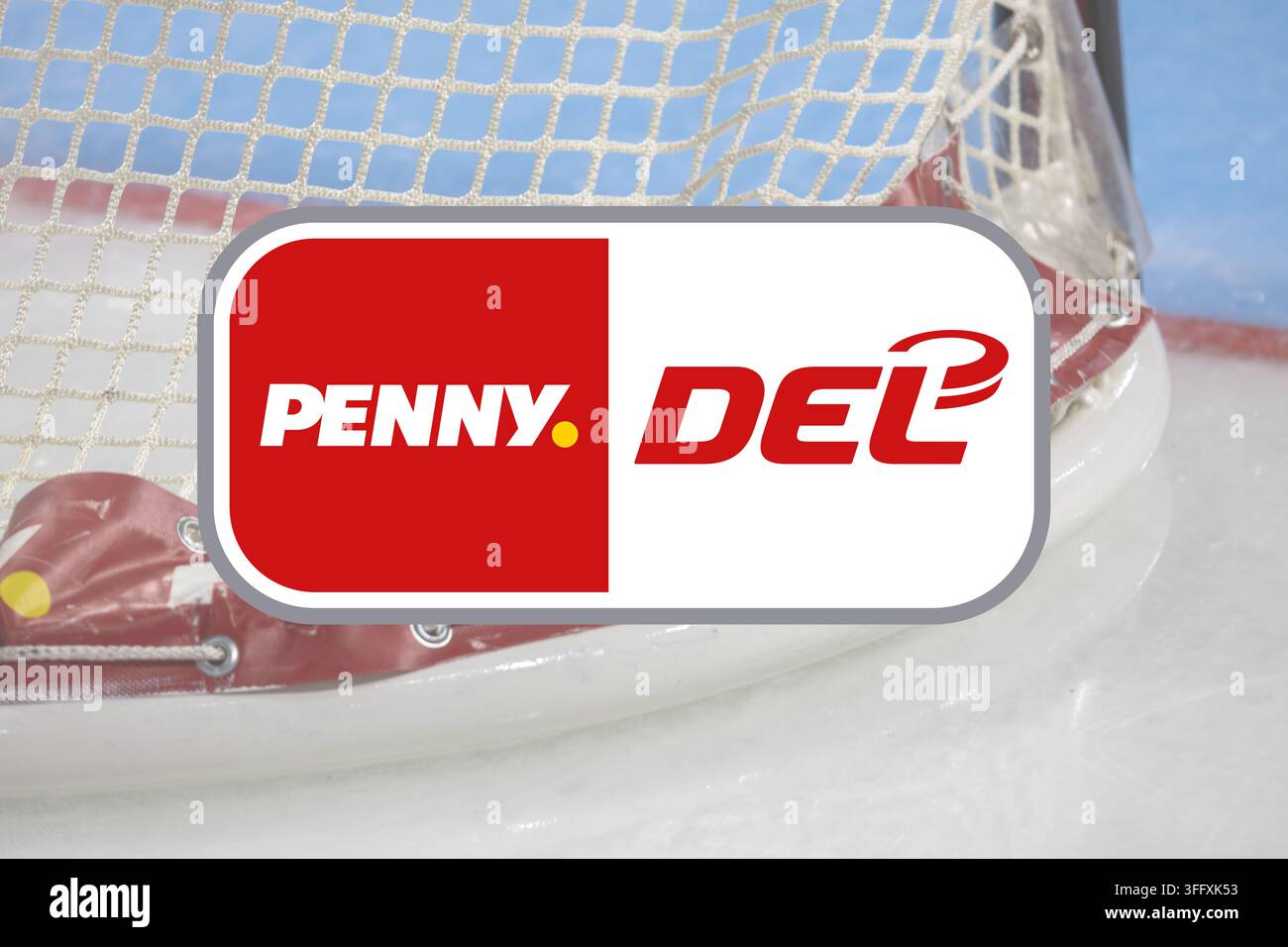 (Photomontage) DEL (Ligue allemande de hockey sur glace) Image illustrative : Le logo DEL devant un but de hockey sur glace Banque D'Images
