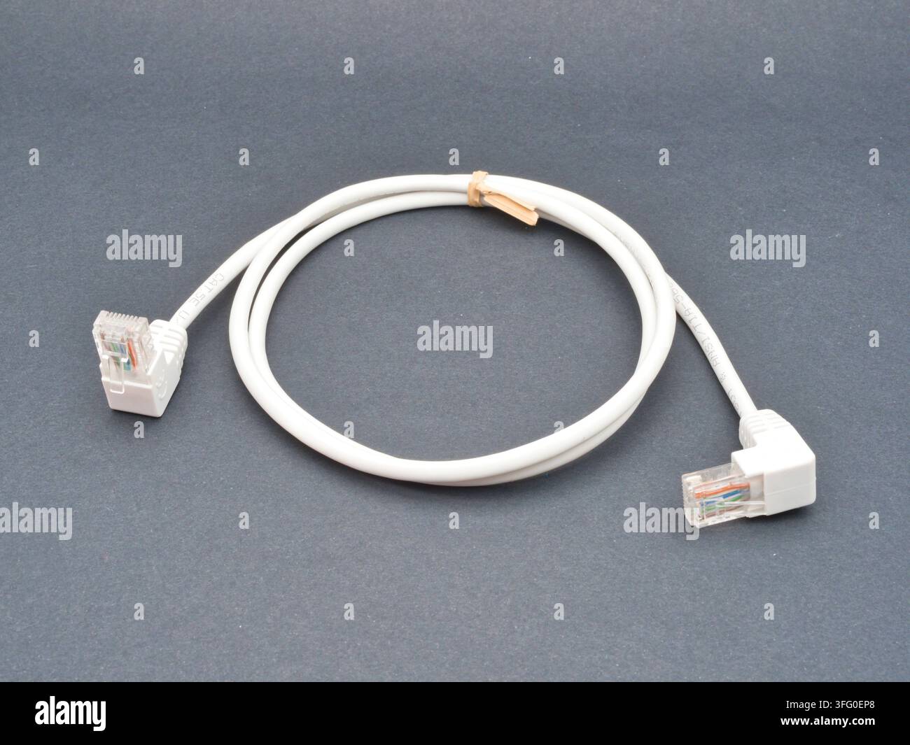 Câble Ethernet blanc avec connecteur RJ45 – Un câble Ethernet en paire torsadée blanc avec connecteurs RJ45 à angle droit est enroulé sur un fond gris uni Banque D'Images