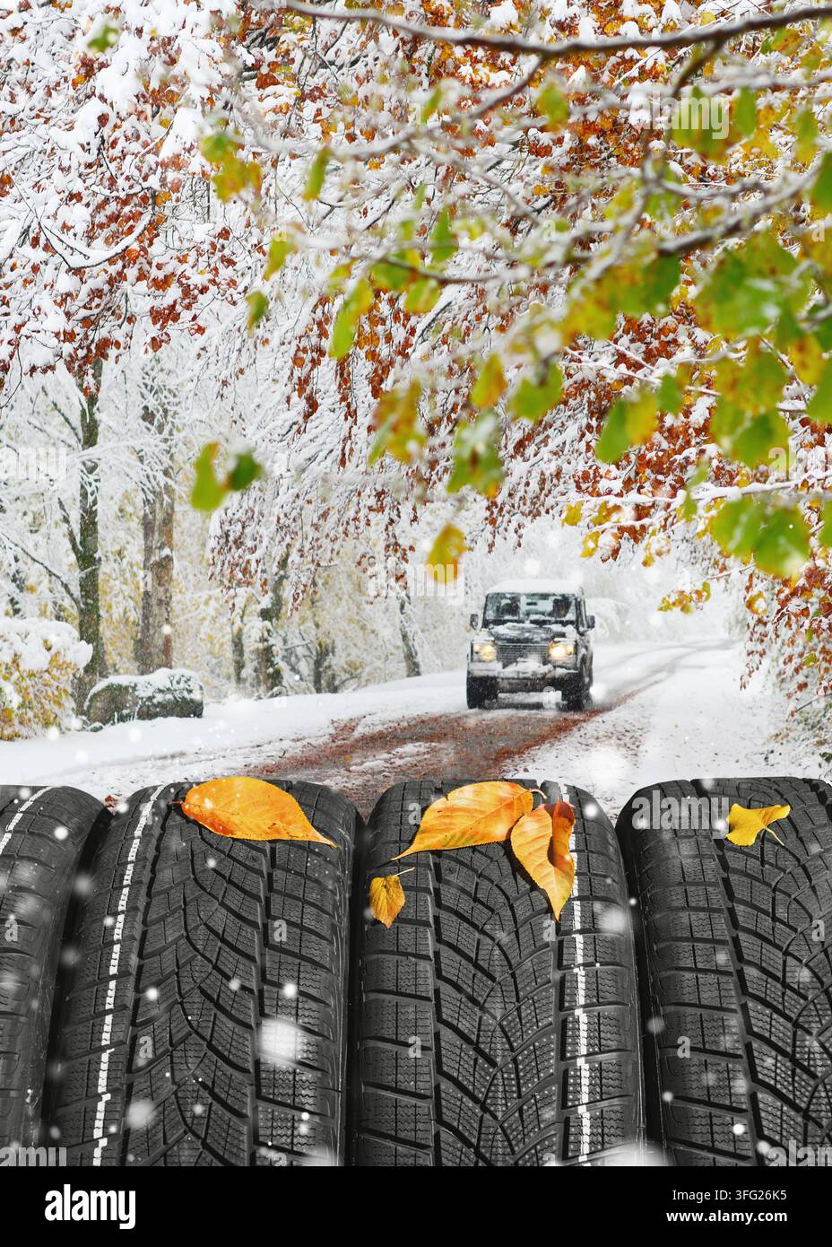 Automne - temps de changer les pneus en pneus d'hiver. Poster avec espace libre. Banque D'Images