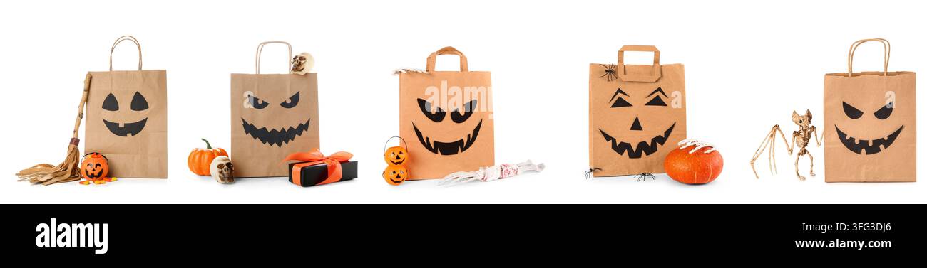 Célébration d'Halloween et achats de friandises ou de friandises, sacs en papier avec des visages de lanternes jack-o et des décorations effrayantes isolées sur un fond blanc Banque D'Images