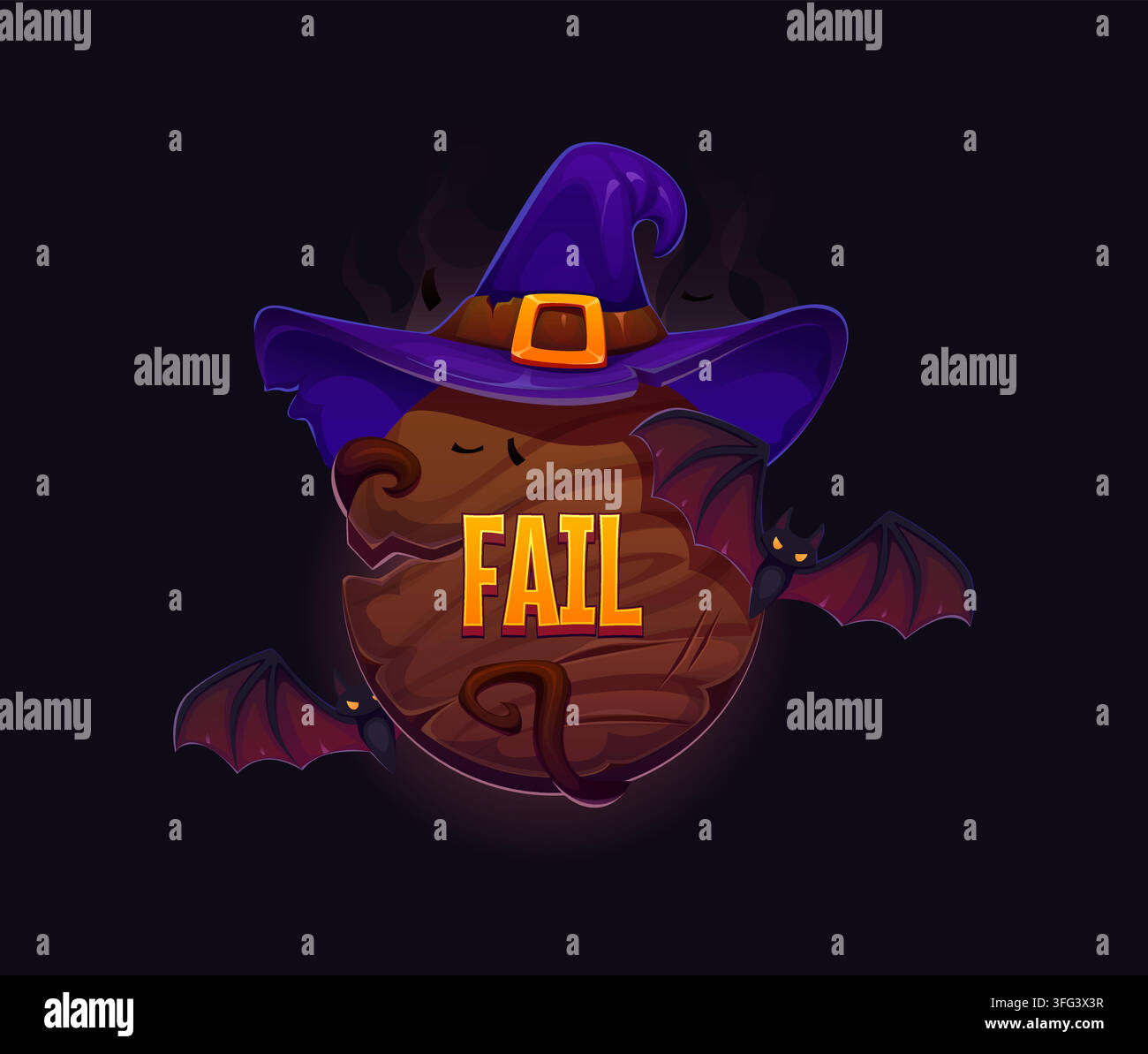 Icône d'échec de jeu d'Halloween pour un niveau de jeu d'arcade en carton perdu d'un personnage de dessin animé effrayant et d'un objet magique. Bannière pop-up de perte de niveau de jeu d'Halloween avec humour Illustration de Vecteur