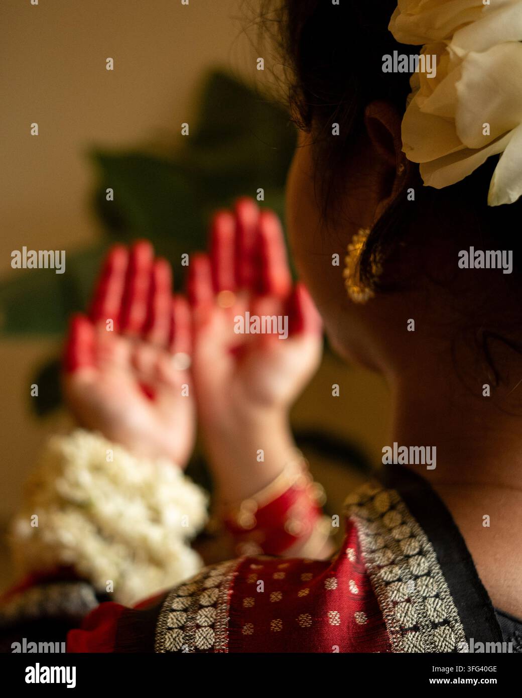 Femme indienne traditionnelle montrant une main peinte à l'alta, ornée d'une tenue et d'une coiffure traditionnelles. Banque D'Images