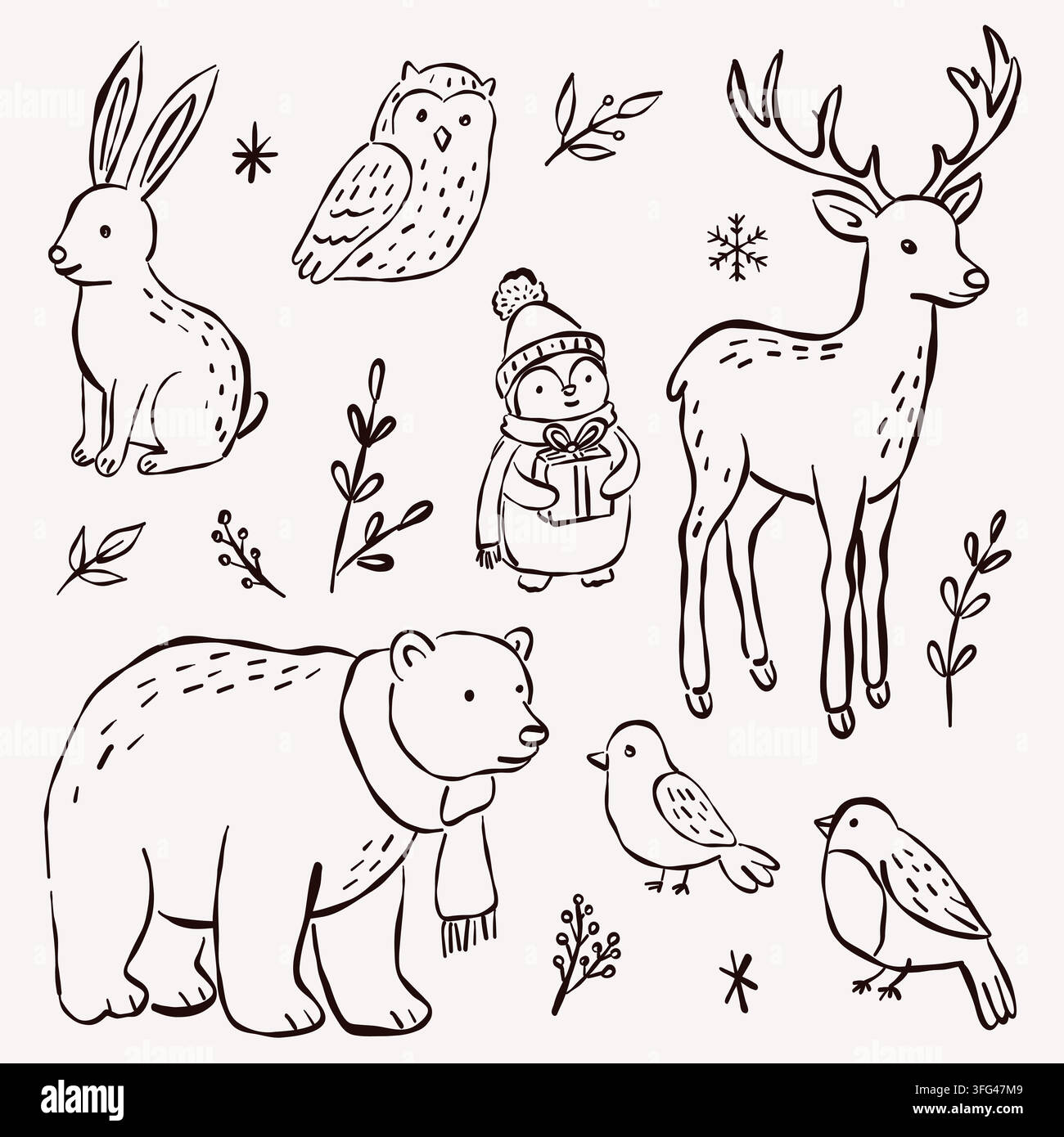 Ensemble de cliparts dessinés à la main d'animaux mignons d'hiver pour Noël Illustration de Vecteur