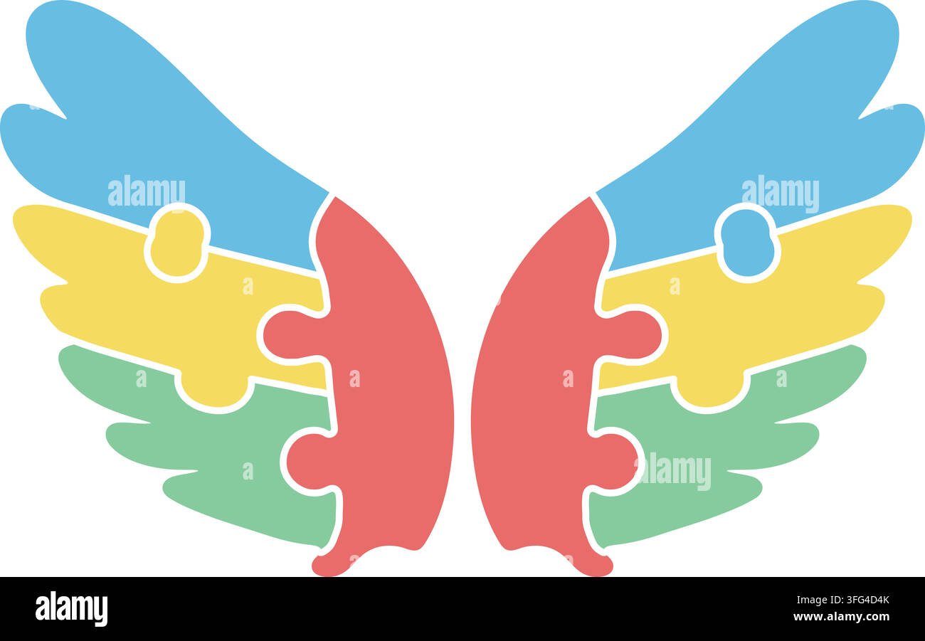 Illustration plate d'ailes de papillons colorées faites de formes puzzle arc-en-ciel en bleu, jaune, rouge et vert Illustration de Vecteur