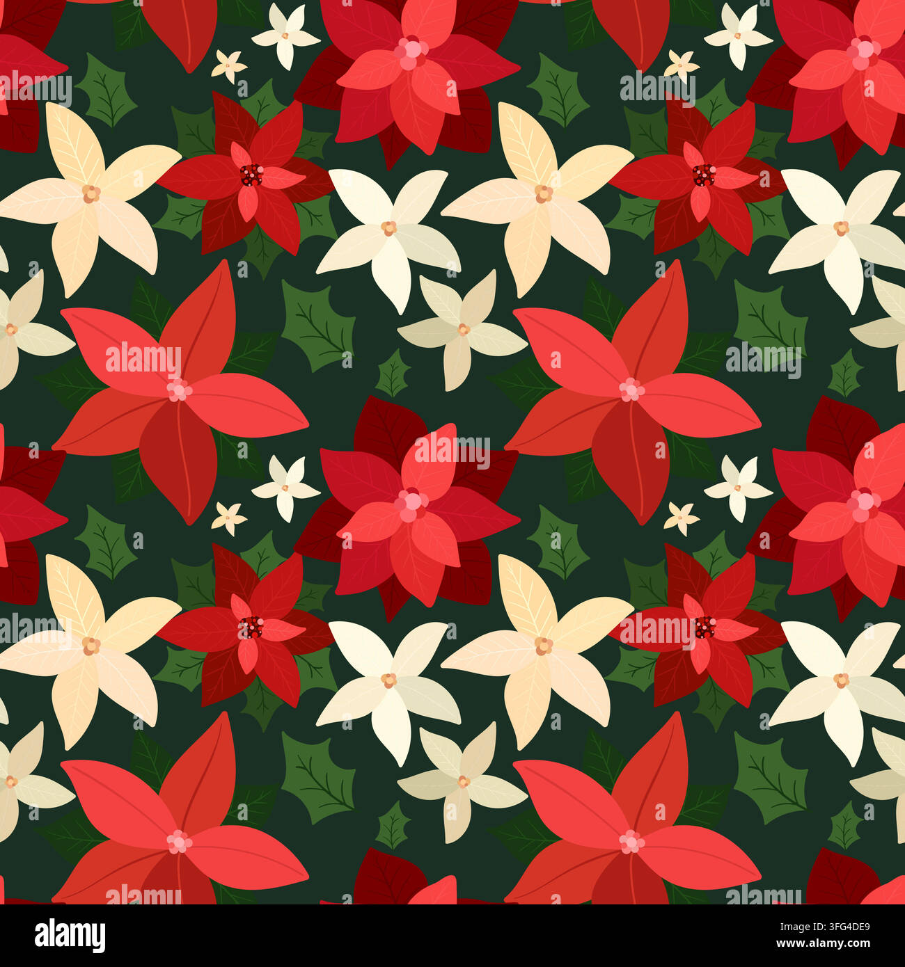 Motif sans joint vectoriel de poinsettia de Noël. Motif festif des fêtes d'hiver avec des fleurs de poinsettia rouges et blanches et des feuilles de houx pour l'emballage Illustration de Vecteur