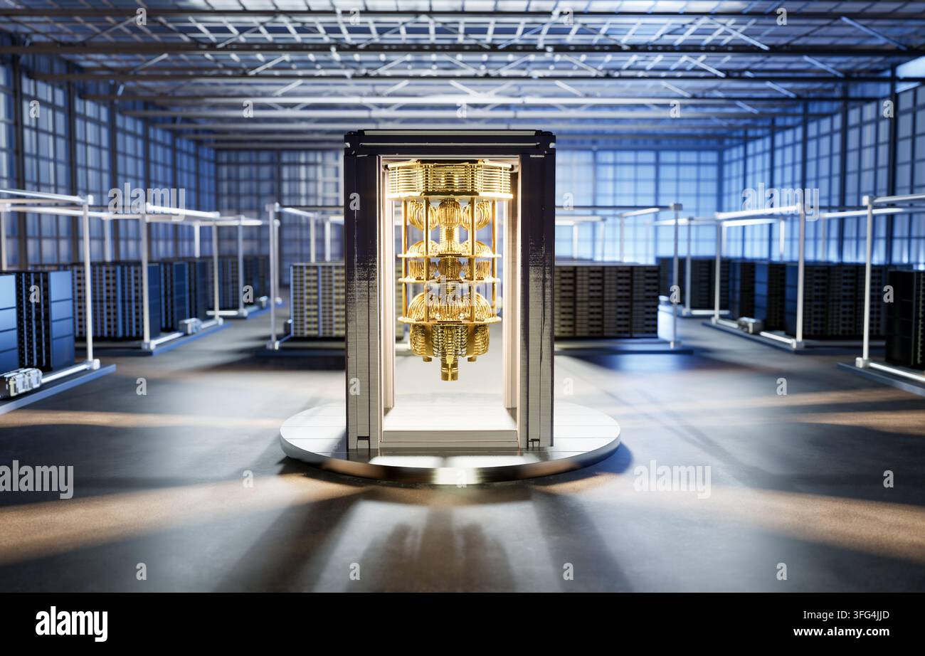 réseau de serveur quantique de rendu 3d avec machine informatique quantique dans la salle des serveurs Banque D'Images