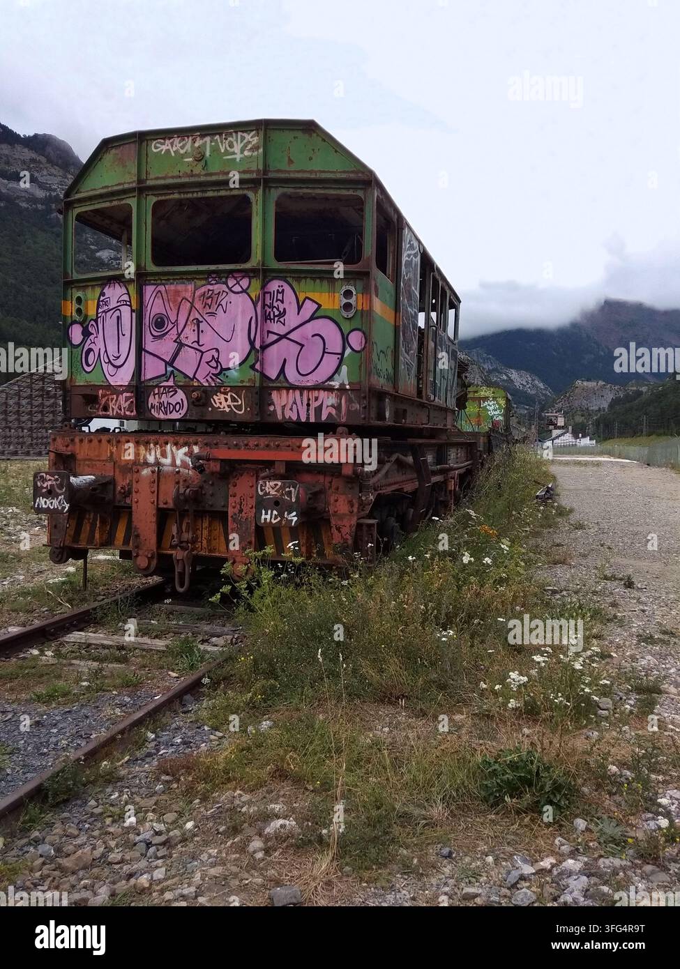 Un ancien wagon ferroviaire historique abandonné, recouvert de graffitis, est posé sur les voies de la station emblématique de Canfranc à Huesca, dans les Pyrénées aragonaises. Banque D'Images